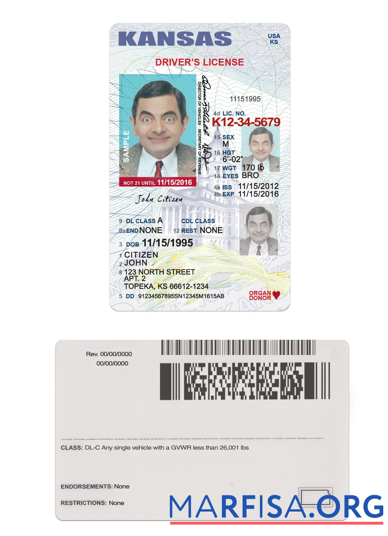 Realistic USA Kansas driving license under 21 example